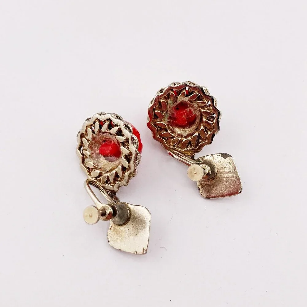 VINTAGE Red plastic rose and silver tone metal choker necklace & earring set - Picture 15 of 15